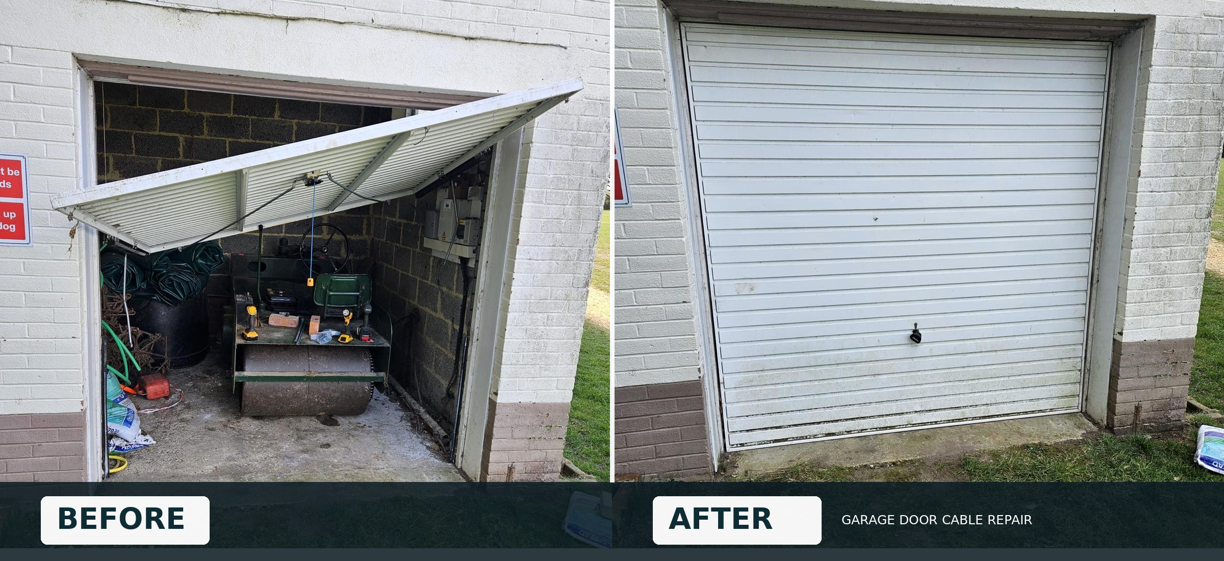 Garage door with snapped cable